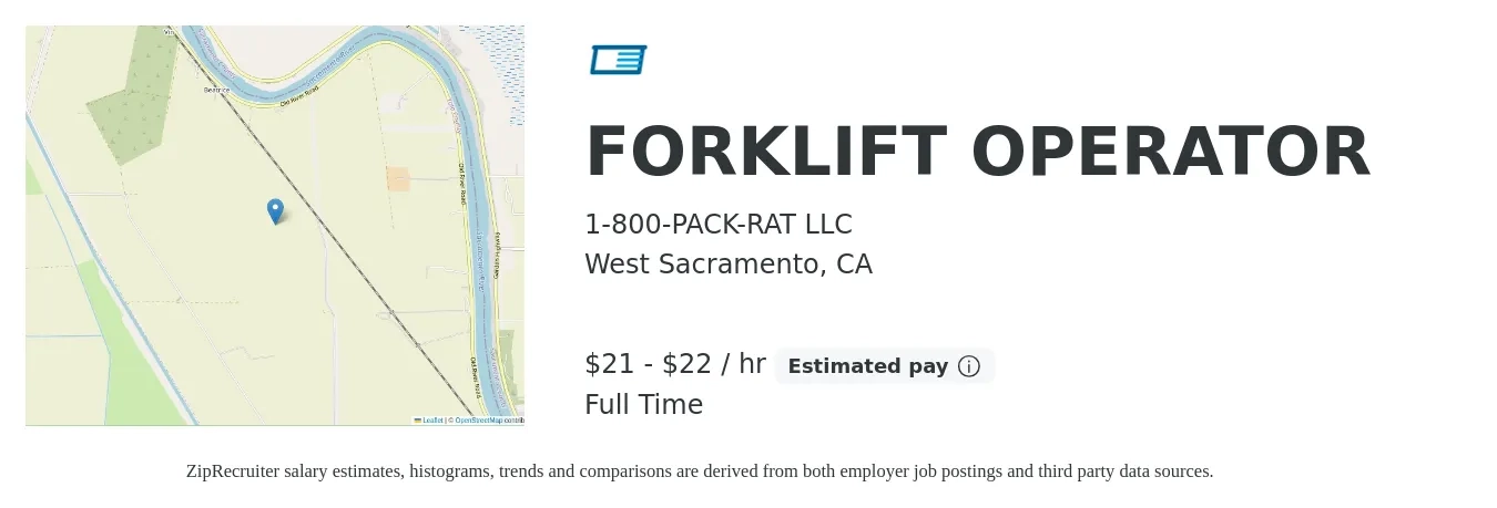 1-800-PACK-RAT LLC job posting for a FORKLIFT OPERATOR in West Sacramento, CA with a salary of $22 to $23 Hourly with a map of West Sacramento location.