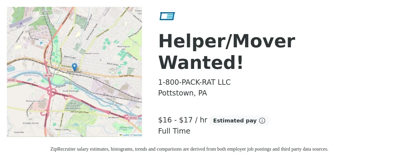 1-800-PACK-RAT LLC job posting for a Helper/Mover Wanted! in Pottstown, PA with a salary of $17 to $18 Hourly with a map of Pottstown location.