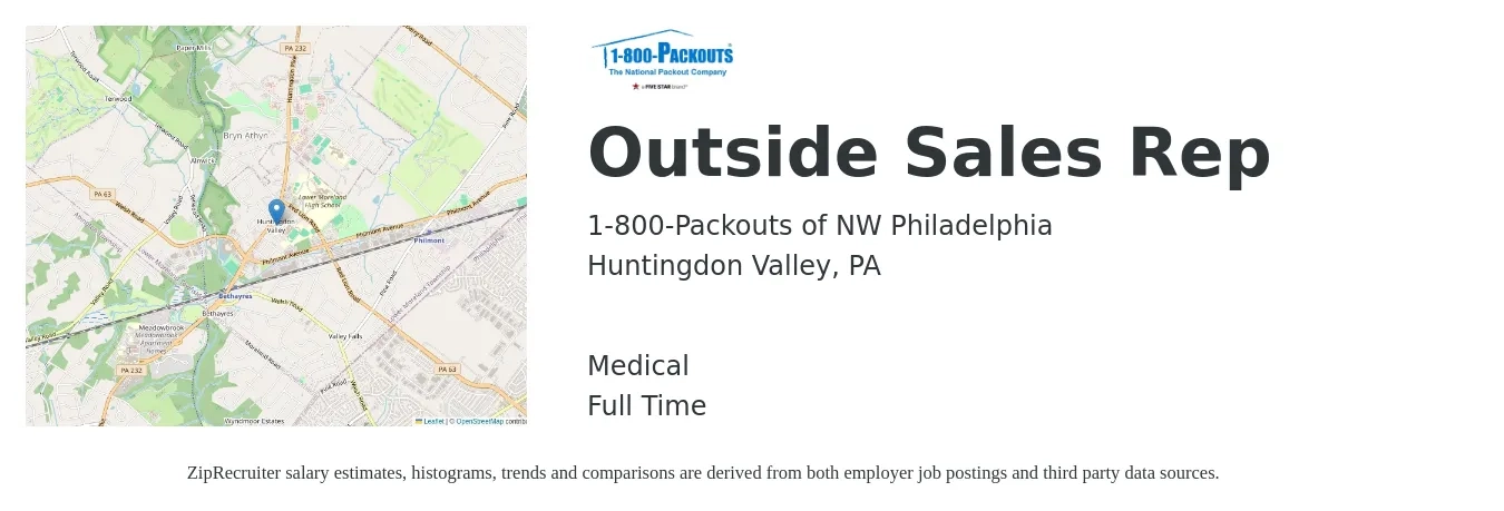 1-800-Packouts of NW Philadelphia job posting for a Outside Sales Rep in Huntingdon Valley, PA with a salary of $51,500 to $88,300 Yearly and benefits including medical, and pto with a map of Huntingdon Valley location.
