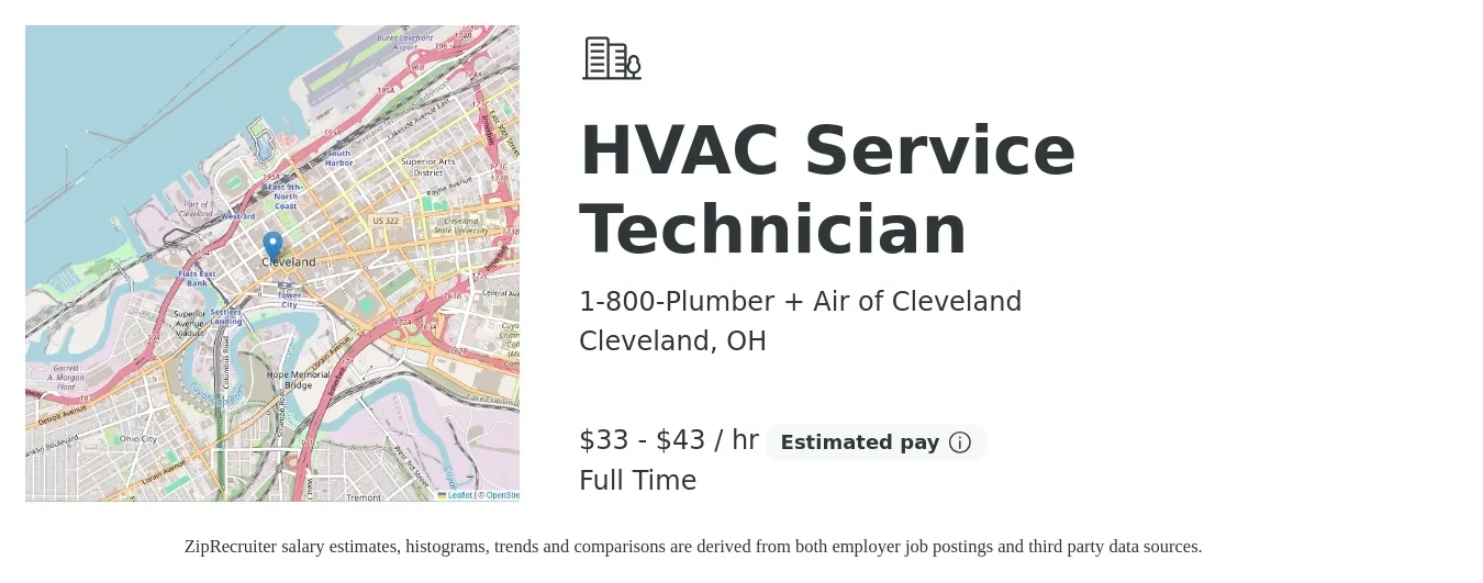 1-800-Plumber + Air of Cleveland job posting for a HVAC Service Technician in Cleveland, OH with a salary of $35 to $45 Hourly with a map of Cleveland location.