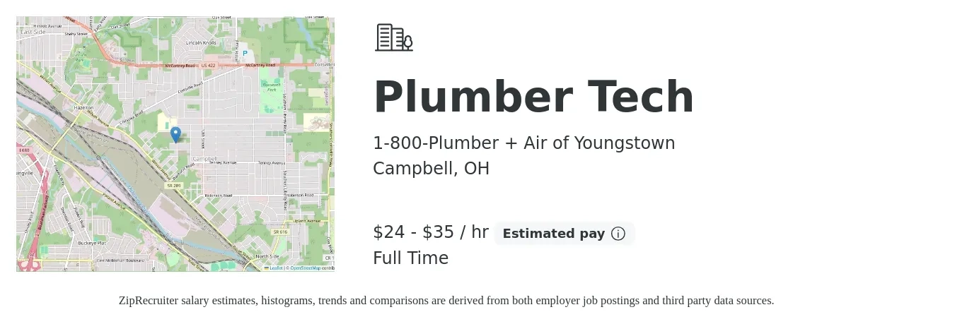 1-800-Plumber + Air of Youngstown job posting for a Plumber Tech in Campbell, OH with a salary of $25 to $37 Hourly with a map of Campbell location.