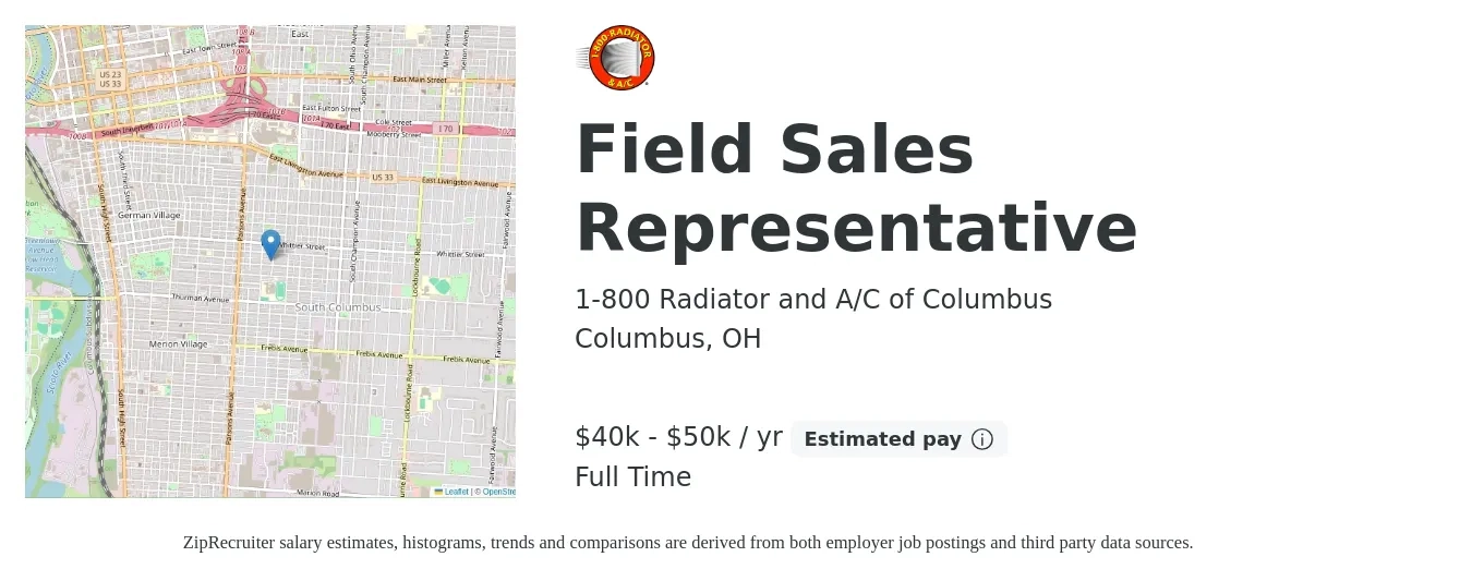 1-800 Radiator and A/C of Columbus job posting for a Field Sales Representative in Columbus, OH with a salary of $40,000 to $50,000 Yearly (plus commission) and benefits including pto with a map of Columbus location.