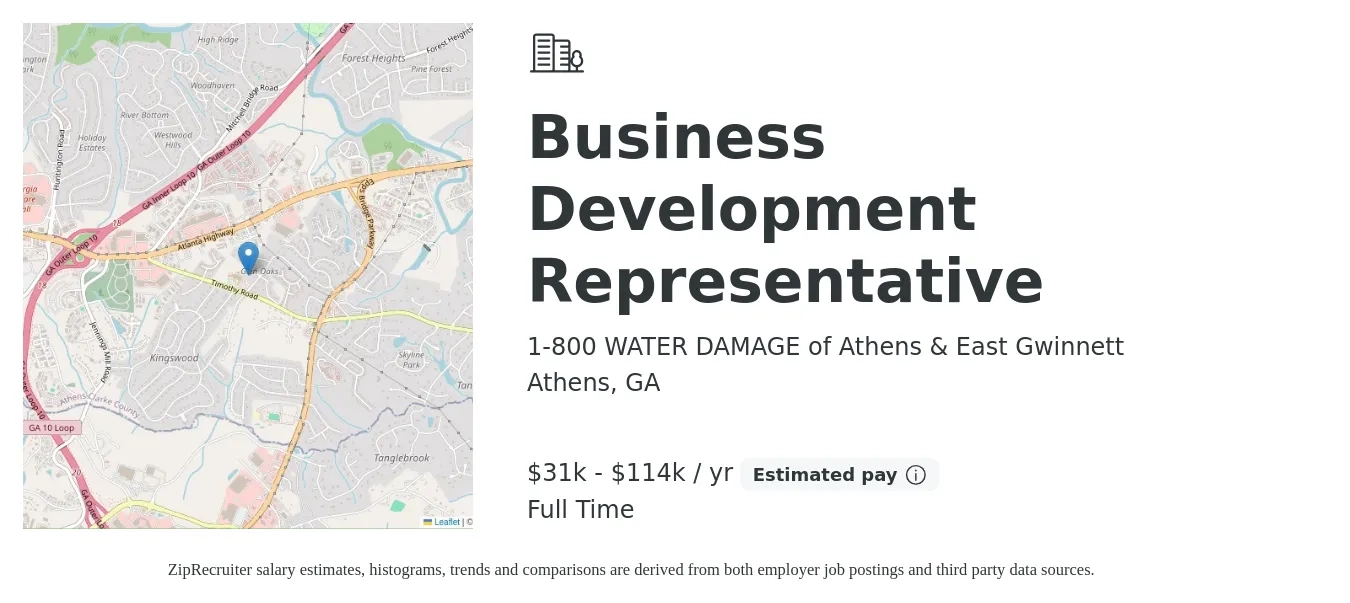 1-800 WATER DAMAGE of Athens & East Gwinnett job posting for a Business Development Representative in Athens, GA with a salary of $31,200 to $114,400 Yearly with a map of Athens location.