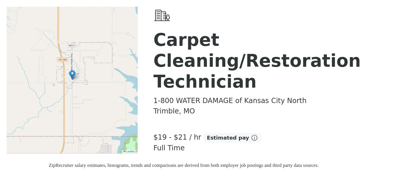 1-800 WATER DAMAGE of Kansas City North job posting for a Carpet Cleaning/Restoration Technician in Trimble, MO with a salary of $20 to $22 Hourly with a map of Trimble location.