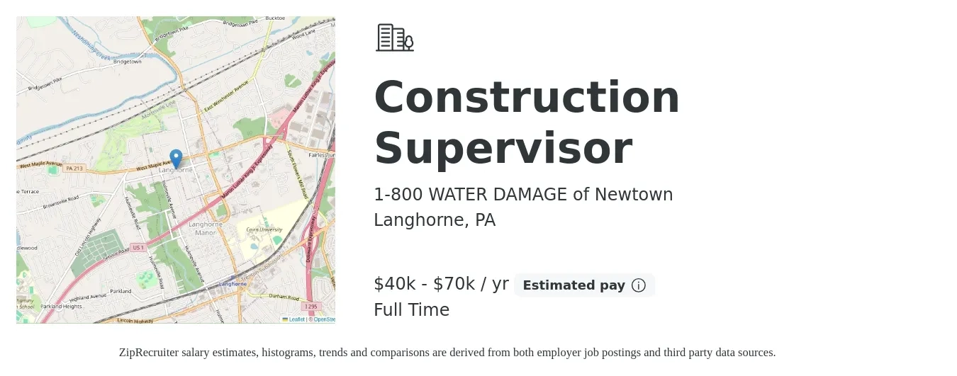 1-800 WATER DAMAGE of Newtown job posting for a Construction Supervisor in Langhorne, PA with a salary of $40,000 to $70,000 Yearly with a map of Langhorne location.