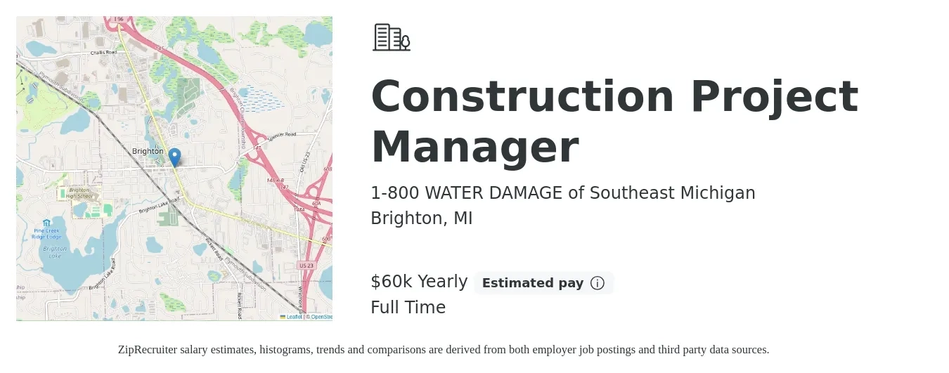 1-800 WATER DAMAGE of Southeast Michigan job posting for a Construction Project Manager in Brighton, MI with a salary of $60,000 Yearly with a map of Brighton location.