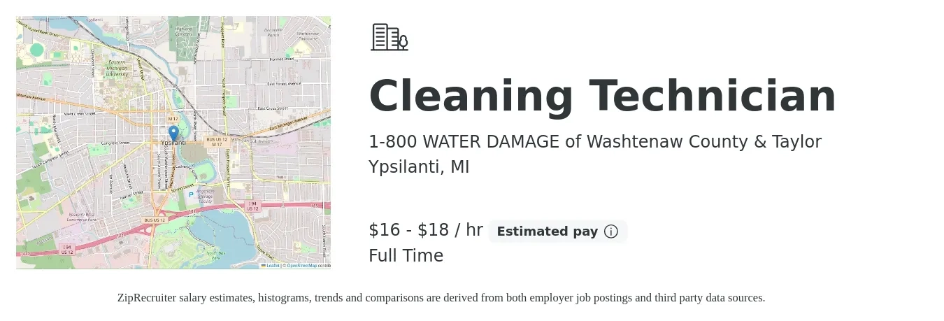 1-800 WATER DAMAGE of Washtenaw County & Taylor job posting for a Cleaning Technician in Ypsilanti, MI with a salary of $17 to $19 Hourly with a map of Ypsilanti location.