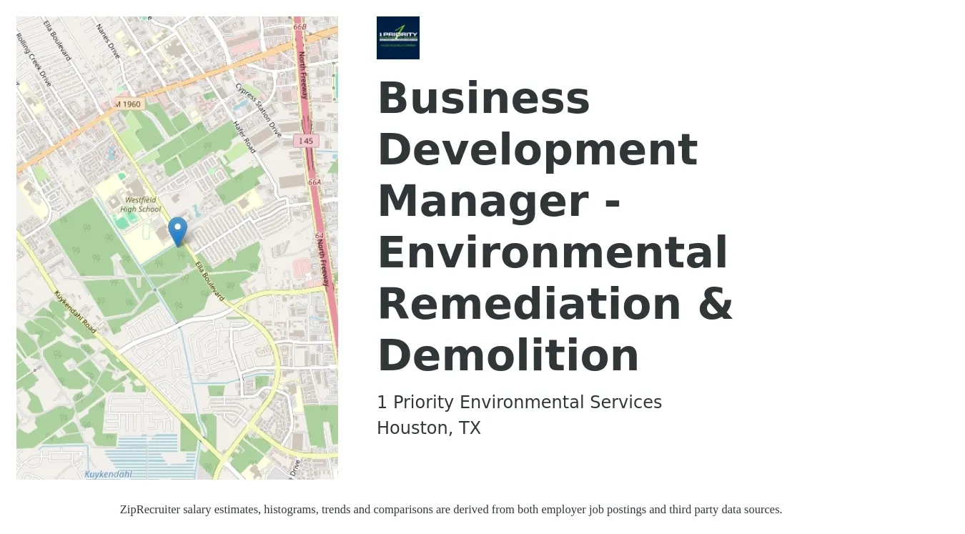 1 Priority Environmental Services job posting for a Business Development Manager - Environmental Remediation & Demolition in Houston, TX with a salary of $52,700 to $86,400 Yearly with a map of Houston location.