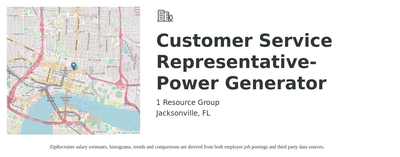 1 Resource Group job posting for a Customer Service Representative- Power Generator in Jacksonville, FL with a salary of $15 to $20 Hourly with a map of Jacksonville location.