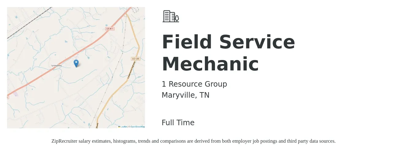 1 Resource Group job posting for a Field Service Mechanic in Maryville, TN with a salary of $20 to $28 Hourly with a map of Maryville location.