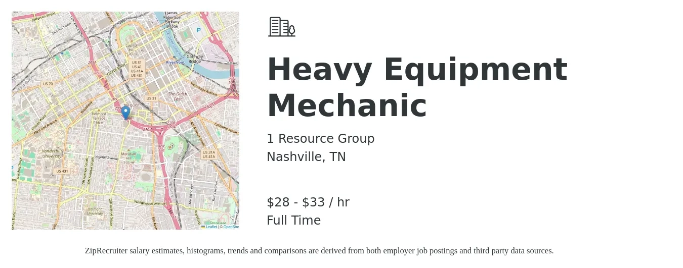 1 Resource Group job posting for a Heavy Equipment Mechanic in Nashville, TN with a salary of $30 to $35 Hourly with a map of Nashville location.