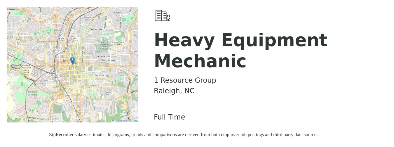 1 Resource Group job posting for a Heavy Equipment Mechanic in Raleigh, NC with a salary of $25 to $33 Hourly with a map of Raleigh location.