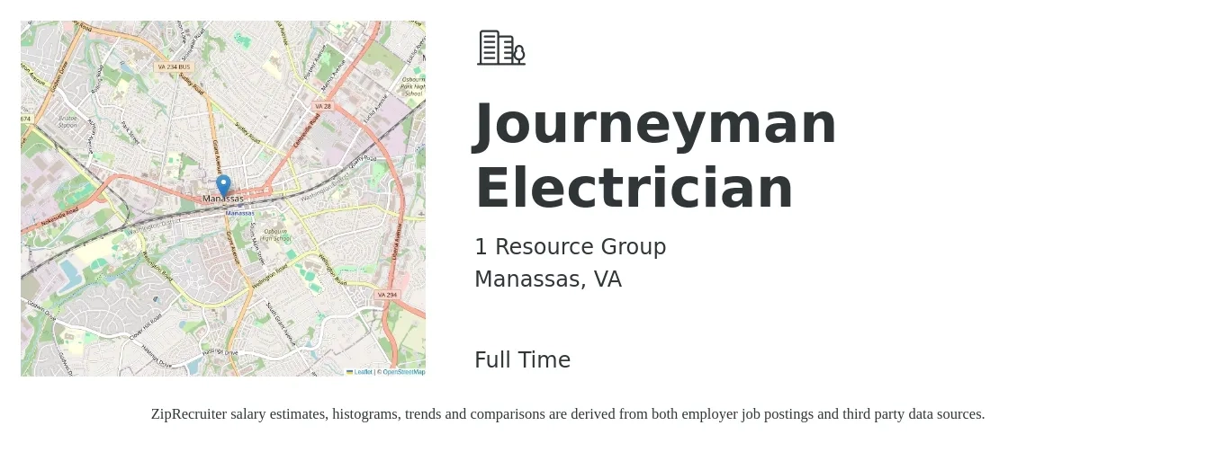 1 Resource Group job posting for a Journeyman Electrician in Manassas, VA with a salary of $40 to $42 Hourly with a map of Manassas location.