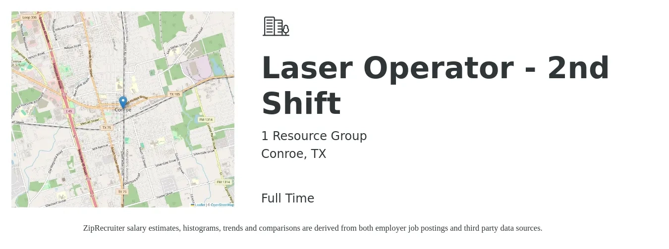 1 Resource Group job posting for a Laser Operator - 2nd Shift in Conroe, TX with a salary of $15 to $19 Hourly with a map of Conroe location.
