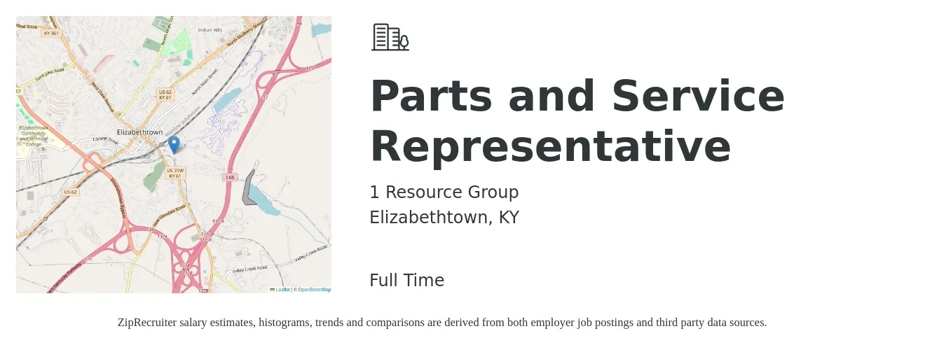 1 Resource Group job posting for a Parts and Service Representative in Elizabethtown, KY with a salary of $15 to $20 Hourly with a map of Elizabethtown location.