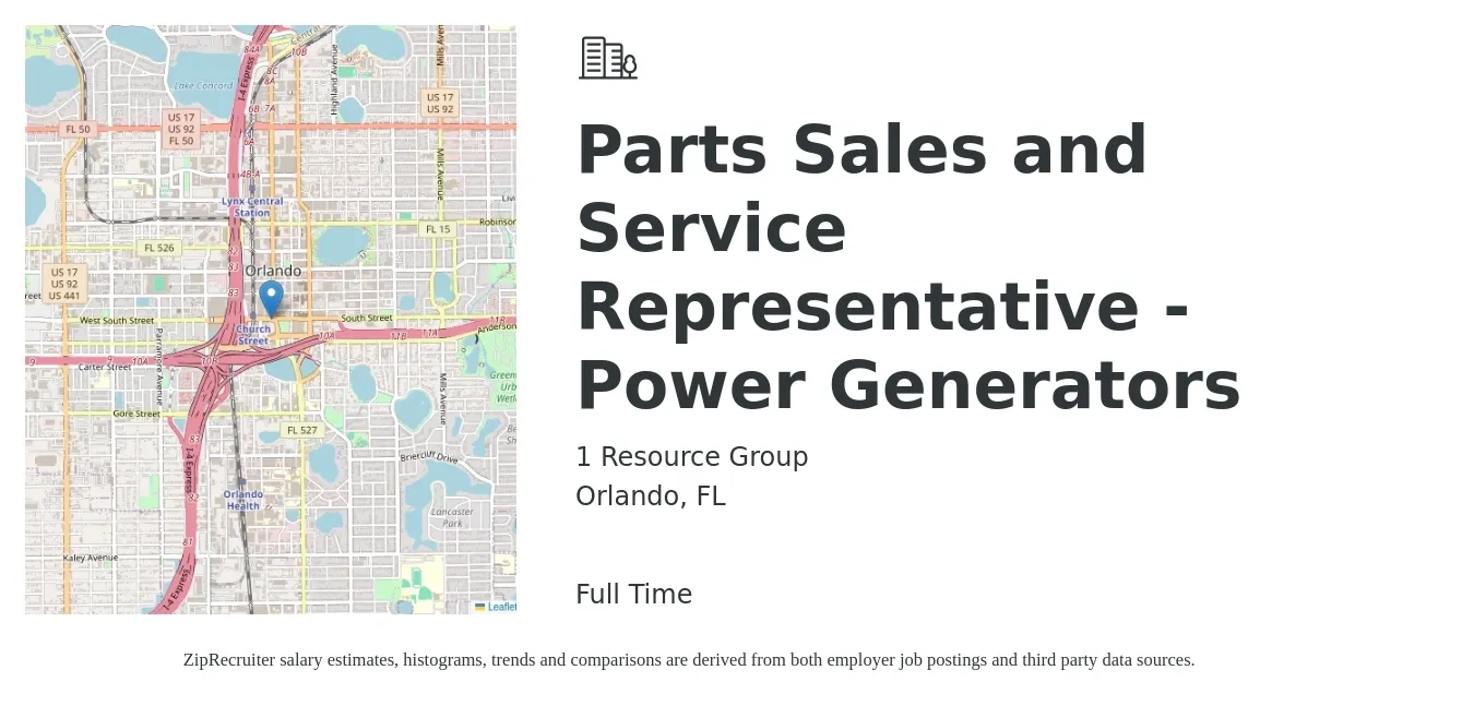 1 Resource Group job posting for a Parts Sales and Service Representative - Power Generators in Orlando, FL with a salary of $37,400 to $65,400 Yearly with a map of Orlando location.