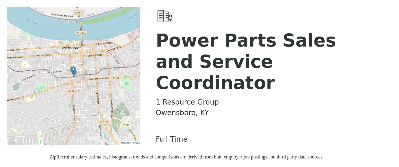 1 Resource Group job posting for a Power Parts Sales and Service Coordinator in Owensboro, KY with a salary of $15 to $22 Hourly with a map of Owensboro location.