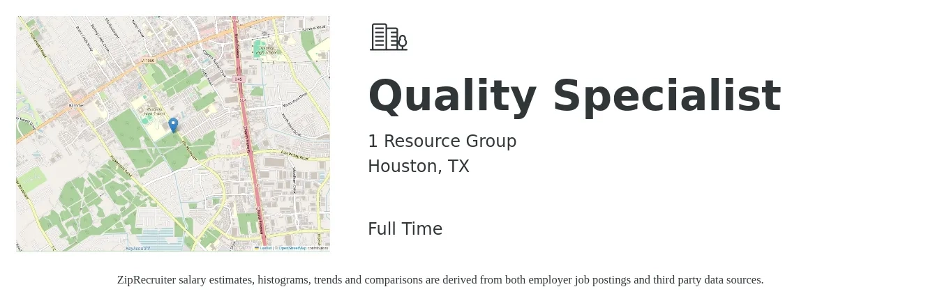 1 Resource Group job posting for a Quality Specialist in Houston, TX with a salary of $24 to $38 Hourly with a map of Houston location.