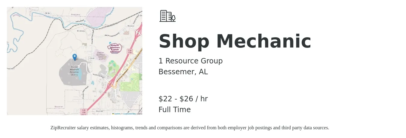 1 Resource Group job posting for a Shop Mechanic in Bessemer, AL with a salary of $23 to $28 Hourly with a map of Bessemer location.