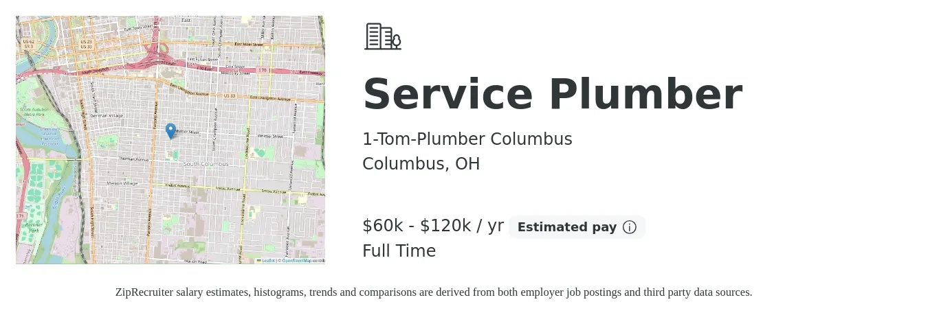 1-Tom-Plumber Columbus job posting for a Service Plumber in Columbus, OH with a salary of $60,000 to $120,000 Yearly with a map of Columbus location.