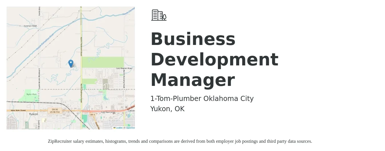 1-Tom-Plumber Oklahoma City job posting for a Business Development Manager in Yukon, OK with a salary of $45,000 to $75,000 Yearly with a map of Yukon location.