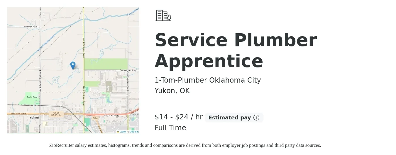 1-Tom-Plumber Oklahoma City job posting for a Service Plumber Apprentice in Yukon, OK with a salary of $15 to $25 Hourly with a map of Yukon location.