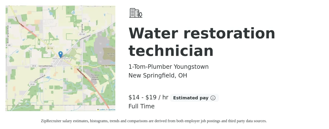 1-Tom-Plumber Youngstown job posting for a Water restoration technician in New Springfield, OH with a salary of $15 to $20 Hourly with a map of New Springfield location.
