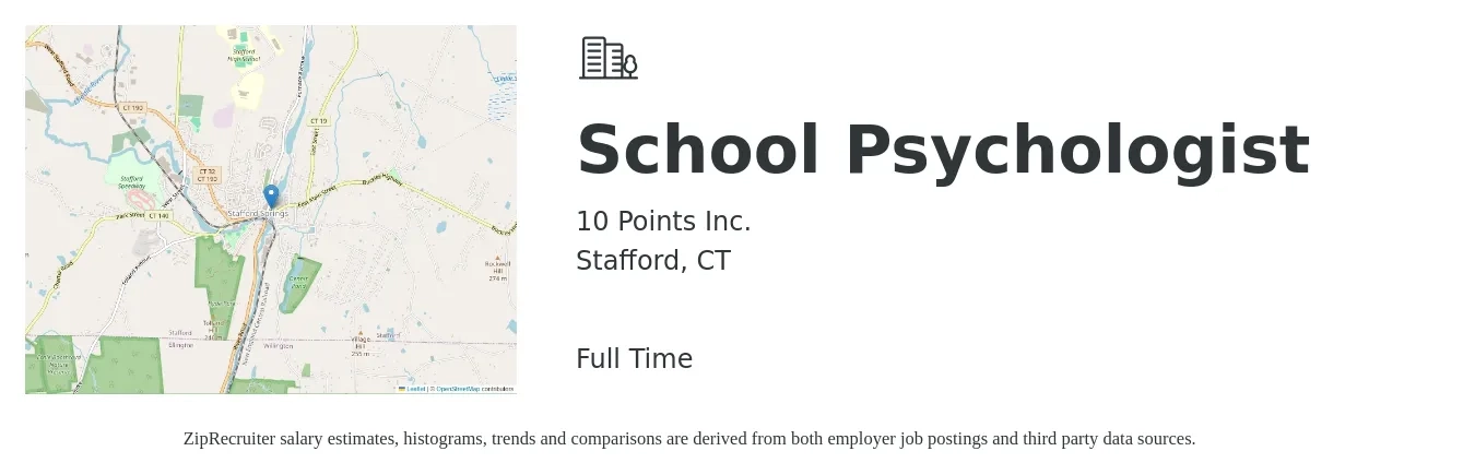 10 Points Inc. job posting for a School Psychologist in Stafford, CT with a salary of $68,600 to $120,600 Yearly with a map of Stafford location.