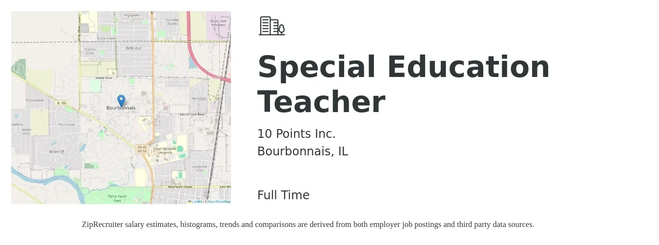 10 Points Inc. job posting for a Special Education Teacher in Bourbonnais, IL with a salary of $48,300 to $63,700 Yearly with a map of Bourbonnais location.
