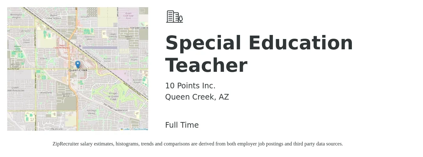 10 Points Inc. job posting for a Special Education Teacher in Queen Creek, AZ with a salary of $50,000 to $66,100 Yearly with a map of Queen Creek location.