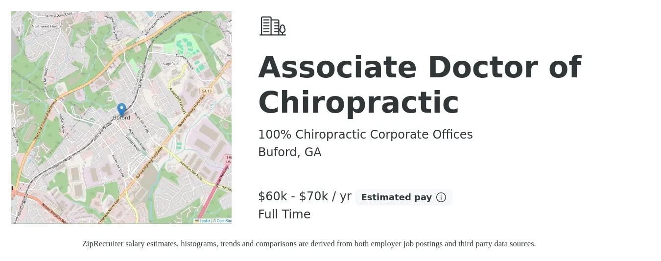 100% Chiropractic Corporate Offices job posting for a Associate Doctor of Chiropractic in Buford, GA with a salary of $60,000 to $70,000 Yearly with a map of Buford location.