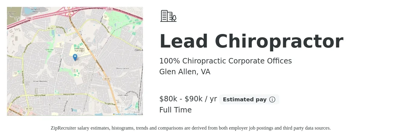 100% Chiropractic Corporate Offices job posting for a Lead Chiropractor in Glen Allen, VA with a salary of $80,000 to $90,000 Yearly with a map of Glen Allen location.