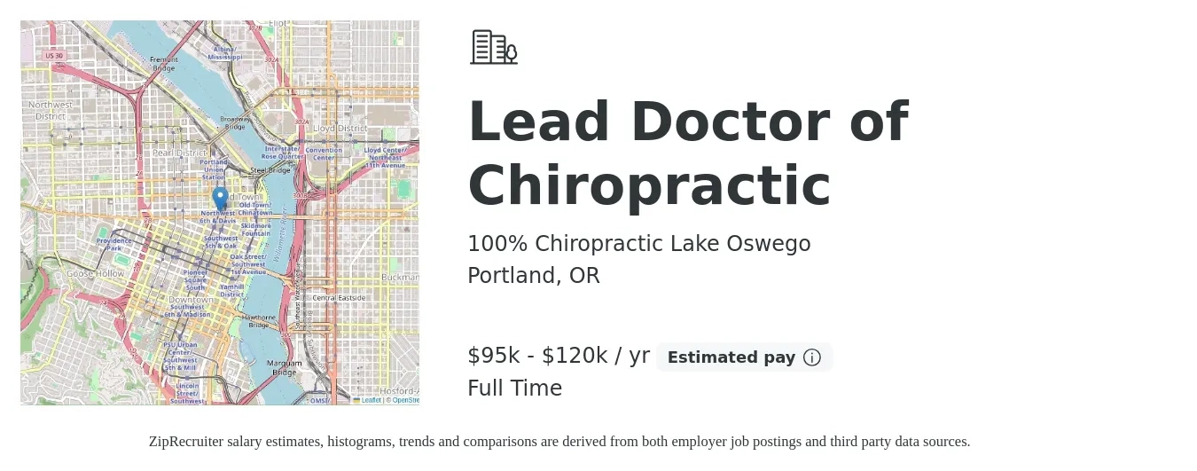 100% Chiropractic Lake Oswego job posting for a Lead Doctor of Chiropractic in Portland, OR with a salary of $80,000 to $90,000 Yearly with a map of Portland location.