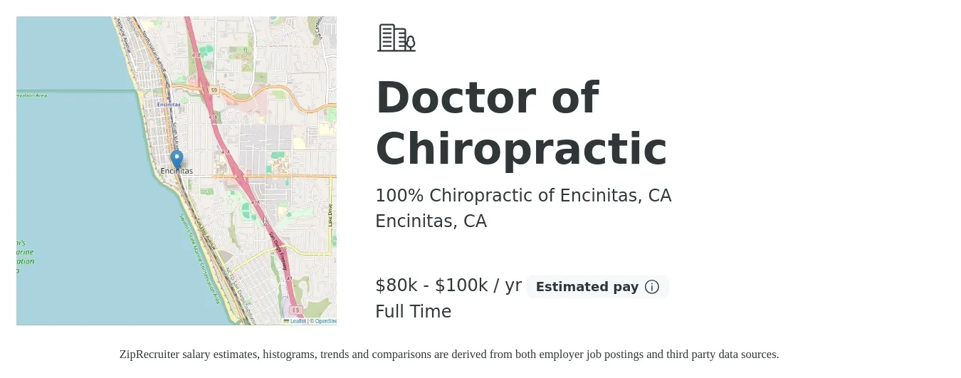 100% Chiropractic of Encinitas, CA job posting for a Doctor of Chiropractic in Encinitas, CA with a salary of $80,000 to $100,000 Yearly with a map of Encinitas location.