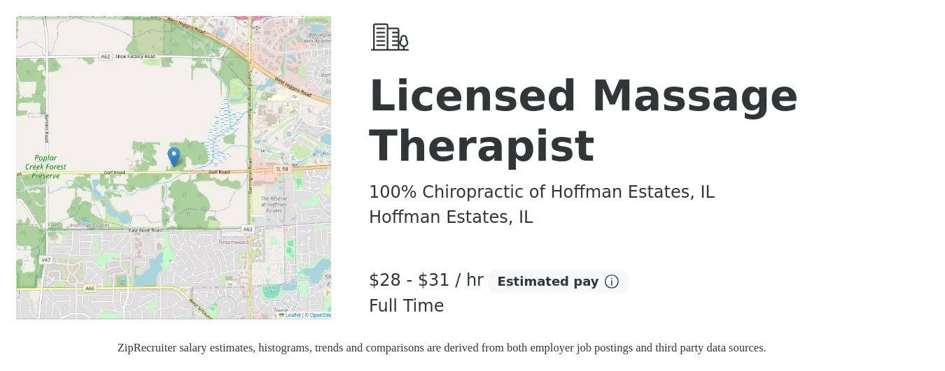 100% Chiropractic of Hoffman Estates, IL job posting for a Licensed Massage Therapist in Hoffman Estates, IL with a salary of $30 to $33 Hourly with a map of Hoffman Estates location.