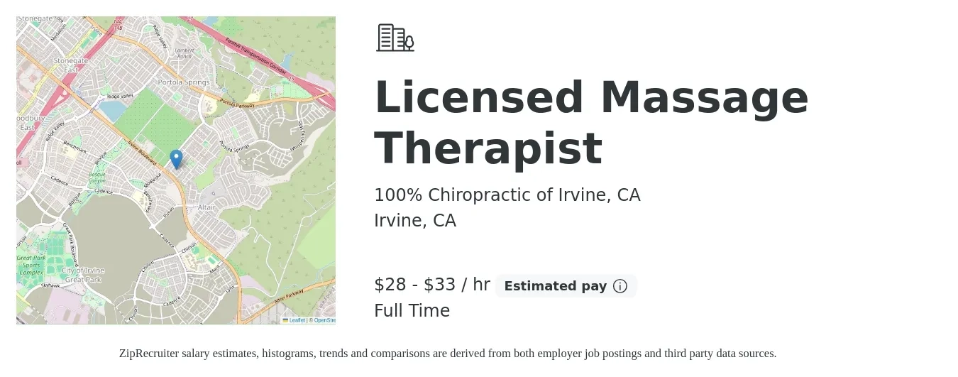 100% Chiropractic of Irvine, CA job posting for a Licensed Massage Therapist in Irvine, CA with a salary of $30 to $35 Hourly with a map of Irvine location.