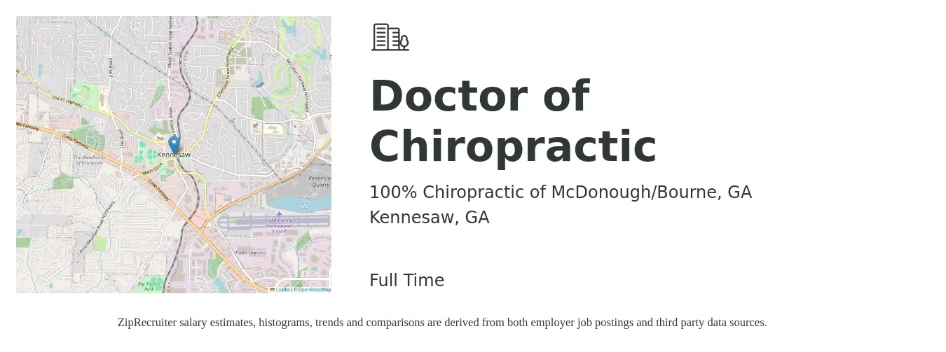 100% Chiropractic of McDonough/Bourne, GA job posting for a Doctor of Chiropractic in Kennesaw, GA with a salary of $70,700 to $86,400 Yearly with a map of Kennesaw location.