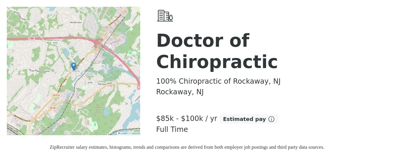 100% Chiropractic of Rockaway, NJ job posting for a Doctor of Chiropractic in Rockaway, NJ with a salary of $80,000 Yearly with a map of Rockaway location.