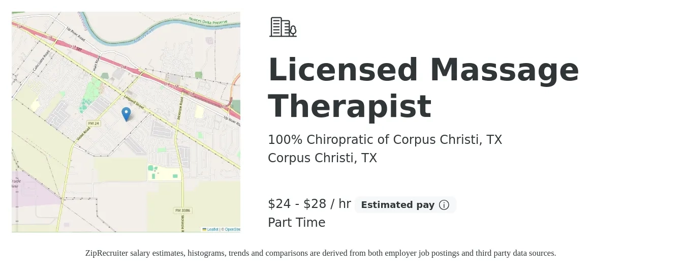 100% Chiropratic of Corpus Christi, TX job posting for a Licensed Massage Therapist in Corpus Christi, TX with a salary of $25 to $30 Hourly with a map of Corpus Christi location.
