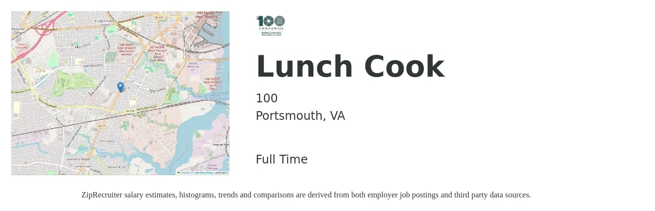 100 job posting for a Lunch Cook in Portsmouth, VA with a salary of $15 to $26 Hourly with a map of Portsmouth location.