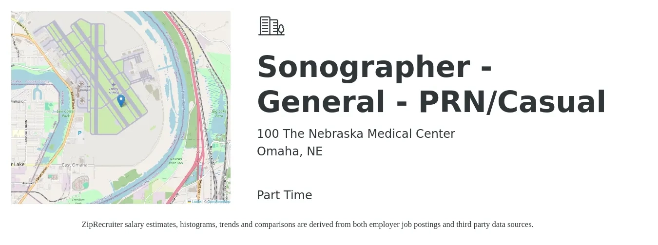 100 The Nebraska Medical Center job posting for a Sonographer - General - PRN/Casual in Omaha, NE with a salary of $1,550 to $2,620 Weekly with a map of Omaha location.