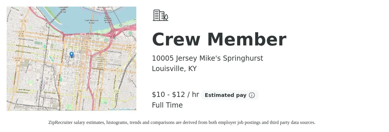 10005 Jersey Mike's Springhurst job posting for a Crew Member in Louisville, KY with a salary of $11 to $13 Hourly with a map of Louisville location.