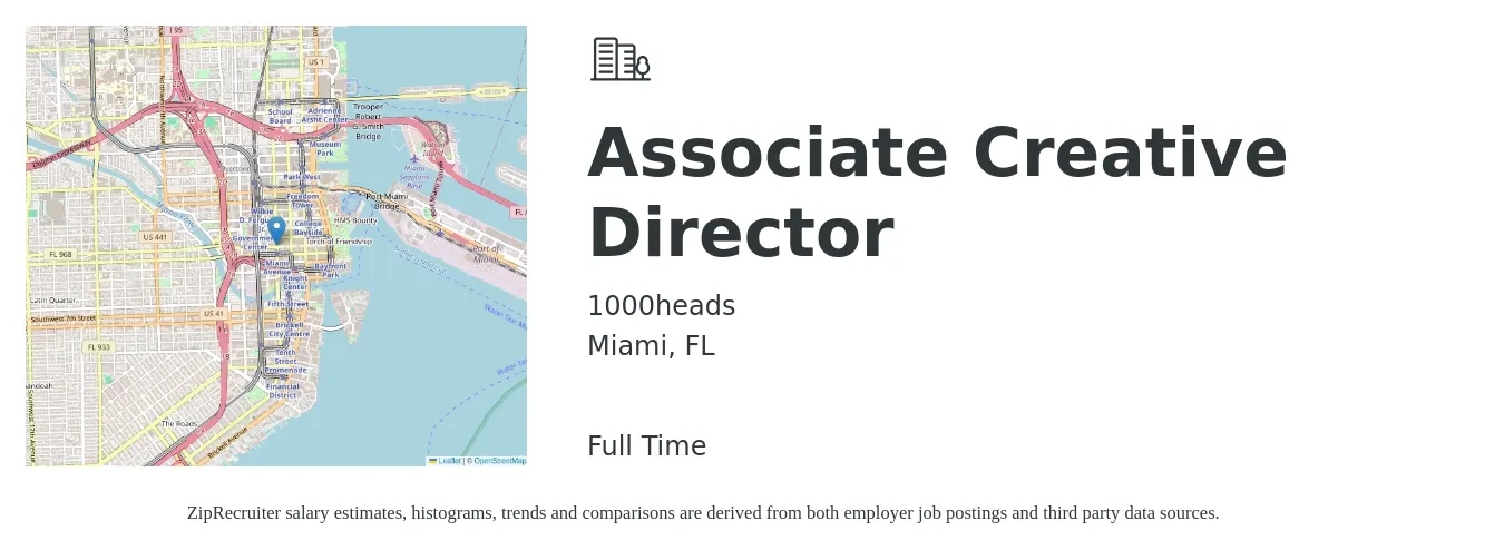 1000heads job posting for a Associate Creative Director in Miami, FL with a salary of $120,000 to $160,000 Yearly with a map of Miami location.
