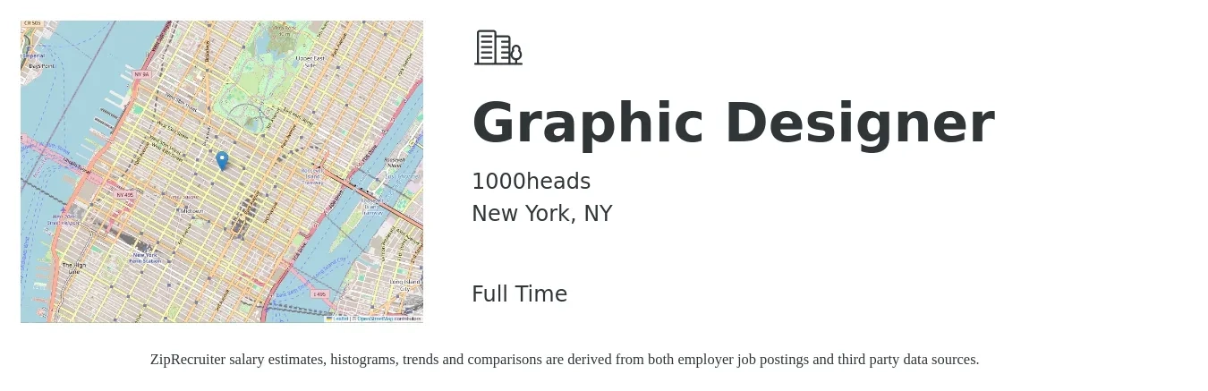 1000heads job posting for a Graphic Designer in New York, NY with a salary of $23 to $36 Hourly with a map of New York location.