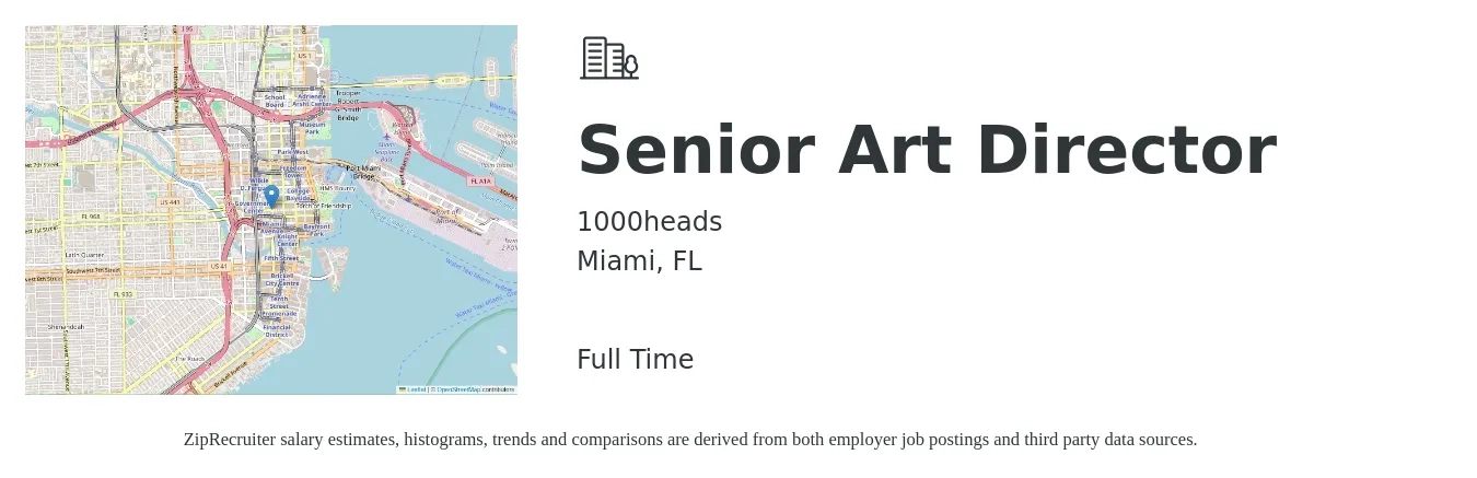 1000heads job posting for a Senior Art Director in Miami, FL with a salary of $100,000 to $120,000 Yearly with a map of Miami location.
