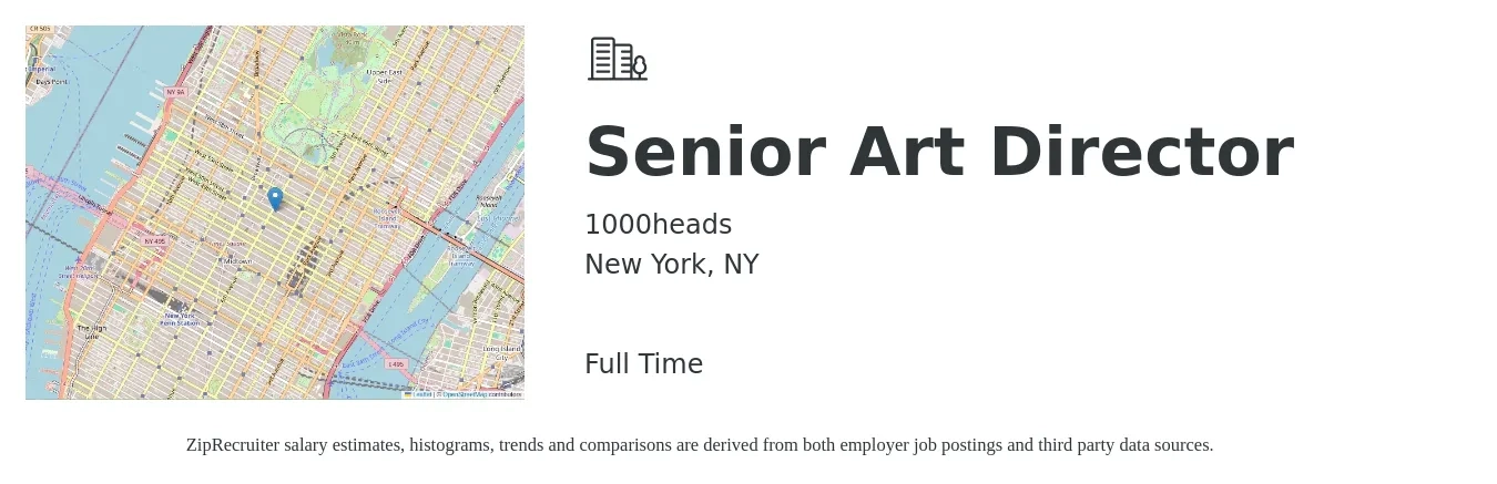 1000heads job posting for a Senior Art Director in New York, NY with a salary of $100,000 to $120,000 Yearly with a map of New York location.