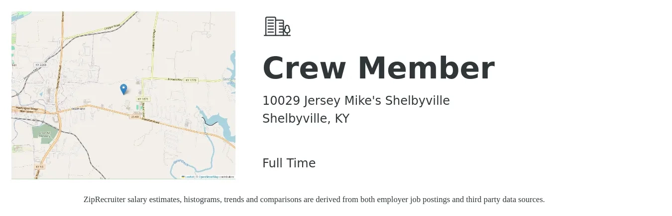 10029 Jersey Mike's Shelbyville job posting for a Crew Member in Shelbyville, KY with a salary of $11 to $14 Hourly with a map of Shelbyville location.