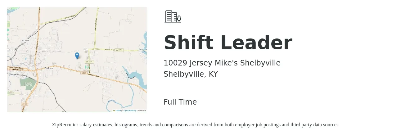 10029 Jersey Mike's Shelbyville job posting for a Shift Leader in Shelbyville, KY with a salary of $13 to $16 Hourly with a map of Shelbyville location.