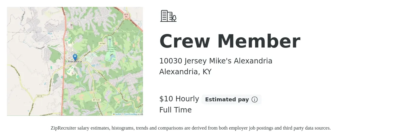 10030 Jersey Mike's Alexandria job posting for a Crew Member in Alexandria, KY with a salary of $11 Hourly with a map of Alexandria location.