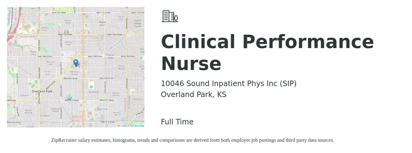 10046 Sound Inpatient Phys Inc (SIP) job posting for a Clinical Performance Nurse in Overland Park, KS with a salary of $70,200 to $103,300 Yearly with a map of Overland Park location.